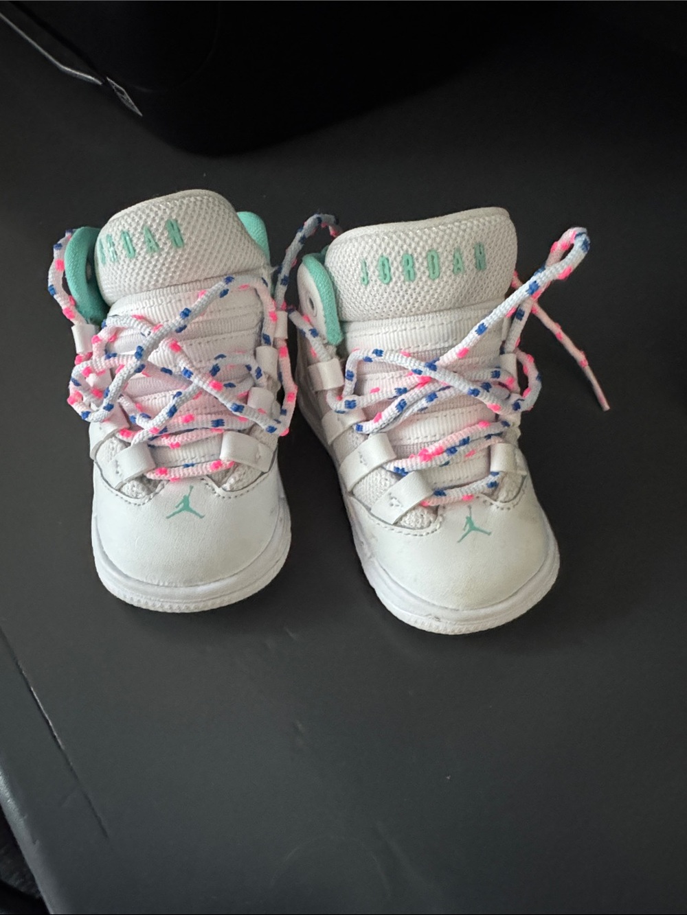Jordan Toddler White Sneakers with Mint Accents and Pink/Blue Speckled Laces